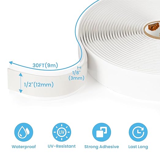Butyl Tape White 1/2" x 30' x 1/8" RV Tape Sealant Waterproof, White Butyl Caulking Tape, Stretchable Butyl Sealant Tape Headlight Sealant Putty Tape EPDM Auto RV Window Sealant, 3Rolls