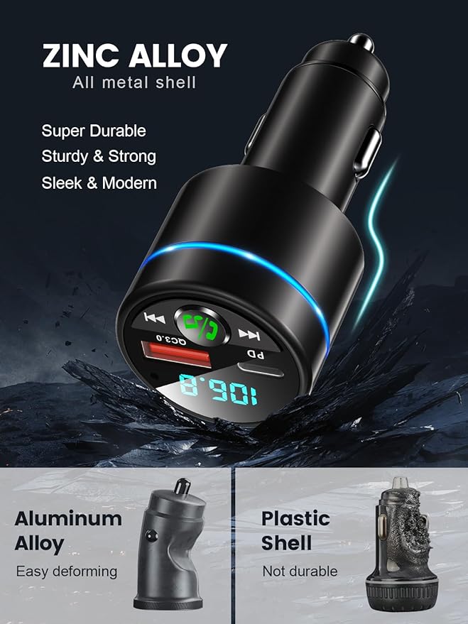 FM Transmitter for Car Bluetooth 5.3, [All-Metal] PD 30W & QC3.0 18W Fast Car Charger, Wireless FM Radio Car Kit Bluetooth Car Adapter, Noise Cancelling Hands-Free Call, Blue Light - Black
