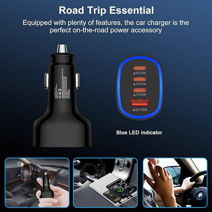 90W 4-Port Super Fast USB C Car Charger for Samsung Galaxy A17/A16/A56/A36/A15/A55/S25/S24/Ultra iPhone 16e/16 Pro Max Pixel 9a 9 Pro Android USB-C & USB-A Car Phone Charger Cigarette Lighter Adapter