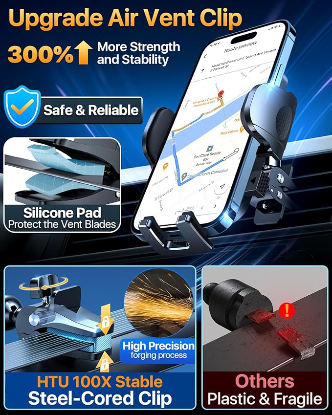 HTU [True Military-Grade] 2025 Upgraded Car Phone Holder 【Safety Certs & No Smell】 Cell Phone Holder for Car Mount for Dashboard Windshield Air Vent Long Arm Thick Case,Sapphire Blue