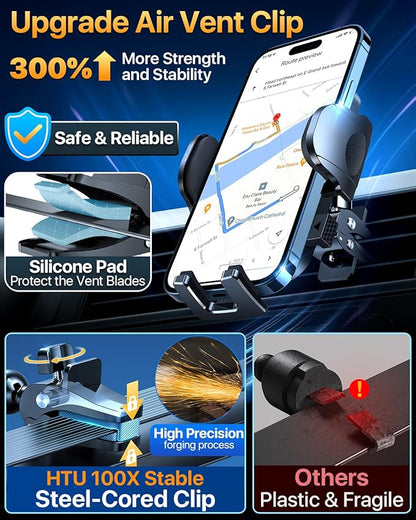 HTU [True Military-Grade] 2025 Upgraded Car Phone Holder 【Safety Certs & No Smell】 Cell Phone Holder for Car Mount for Dashboard Windshield Air Vent Long Arm Thick Case,Sapphire Blue