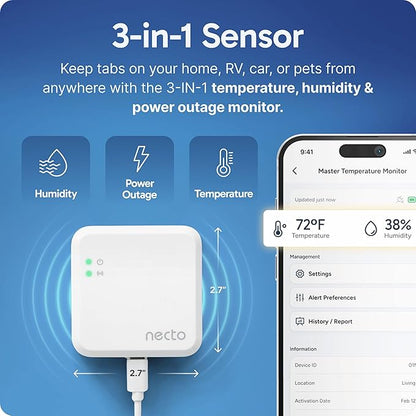 Necto RV Pet Temperature Monitor - No WiFi Required - Remote Power Outage & Temp Sensor with App Alerts. Cellular Monitoring System for Car, Home Safety & Server Room (Subscription Required)