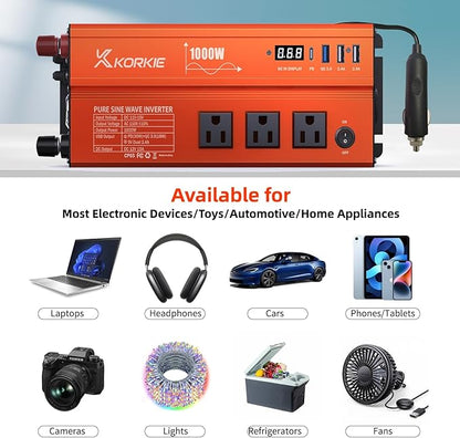 1000W Pure Sine Wave Inverter, Car Power Inverter, 12V DC to 110V AC Power Converter, Emergency Power Inverter with Type-C, Dual 5.2V/2.4A USB, 3AC Outlets for Home,Camping, RV, Truck, Vehicles