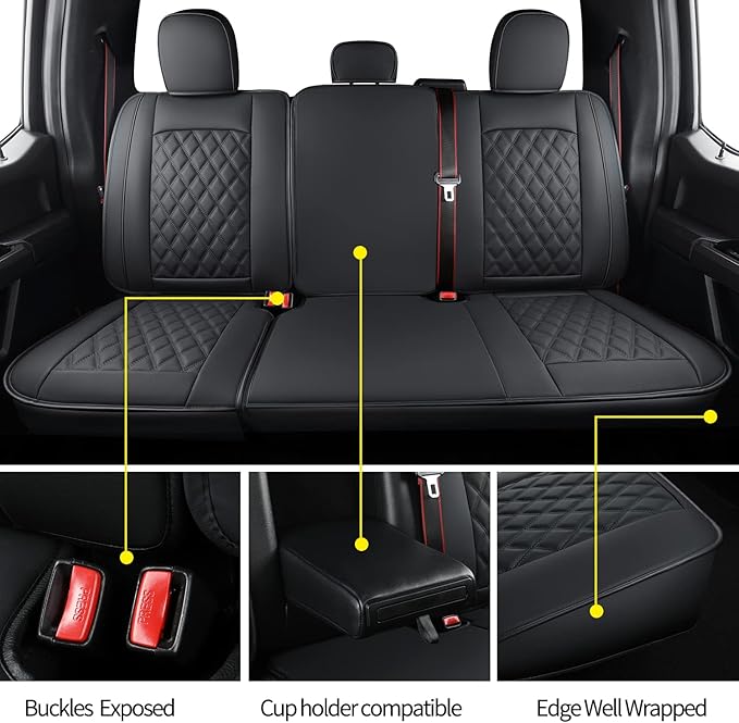 LUCKYMAN CLUB F150 Faux Leather Seat Covers Fit for 2015-2024 2025 F150 SuperCrew and 2017-2025 F250 F350 F450 Super Duty Crew Cab Pickup Trucks(Rear,Black)