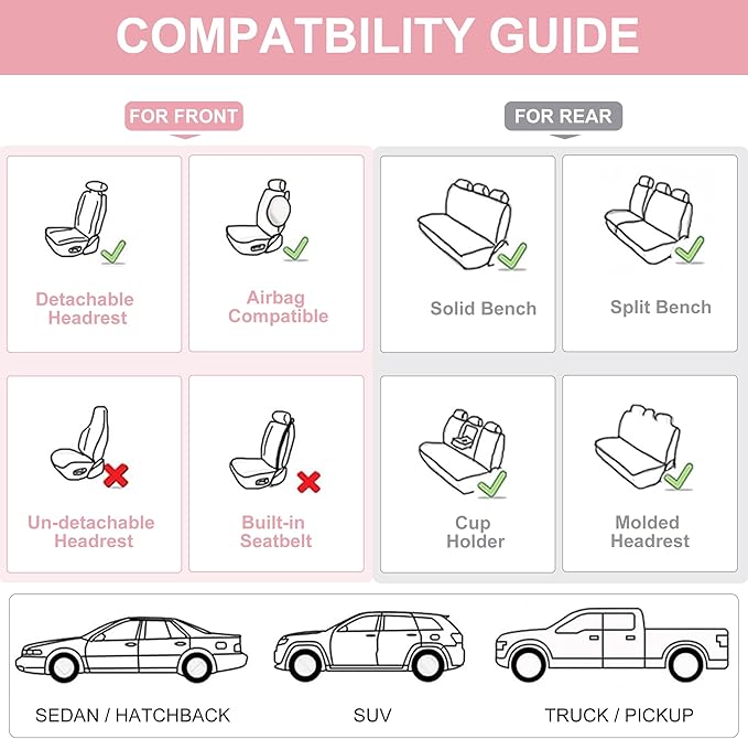 Front Seat Covers, 2 Pieces Universal Seat Covers for Cars, Waterproof Leather Auto Seat Protectors with Head Pillow, Car Seat Cushions Fit for Most Sedans SUV Pick-up Truck, Pink