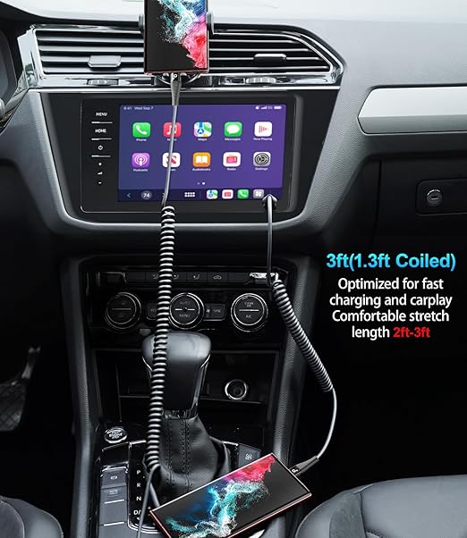 USB C to C Cable 100W 3FT for Car, Coiled USB C Cable Fast Charging for iPhone 16, Short USB Type C Cable for iPhone 15/Pro Max/Plus/Samsung Galaxy S23, Compatible All Type C Devices -Black