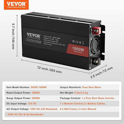 VEVOR 1000W Pure Sine Wave Inverter, DC 12V to AC 120V Power Inverter with 2 AC Outlets 1 USB Port 1 Type-C Port, Remote Control for Small Home Devices Like Smartphone Laptop, CE FCC Certified