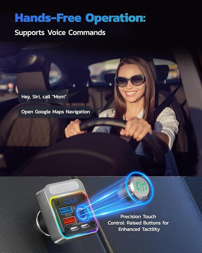 Nulaxy 54W Bluetooth 5.3 Car Adapter with 4 Charging Ports [PD 36W & QC3.0 18W], Wireless Radio FM Transmitter with Deep Bass Player & 5 Colors LED Backlit, Hands-Free Calling - Silver