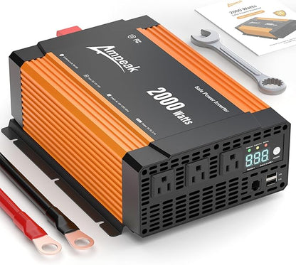 Ampeak 2000W Power Inverter Conversion Efficiency 89.37% Inverter 12V to 110V 3AC Outlets Dual 5V/3.1A USB Ports Modified Sine Power Inverters for Vehicles