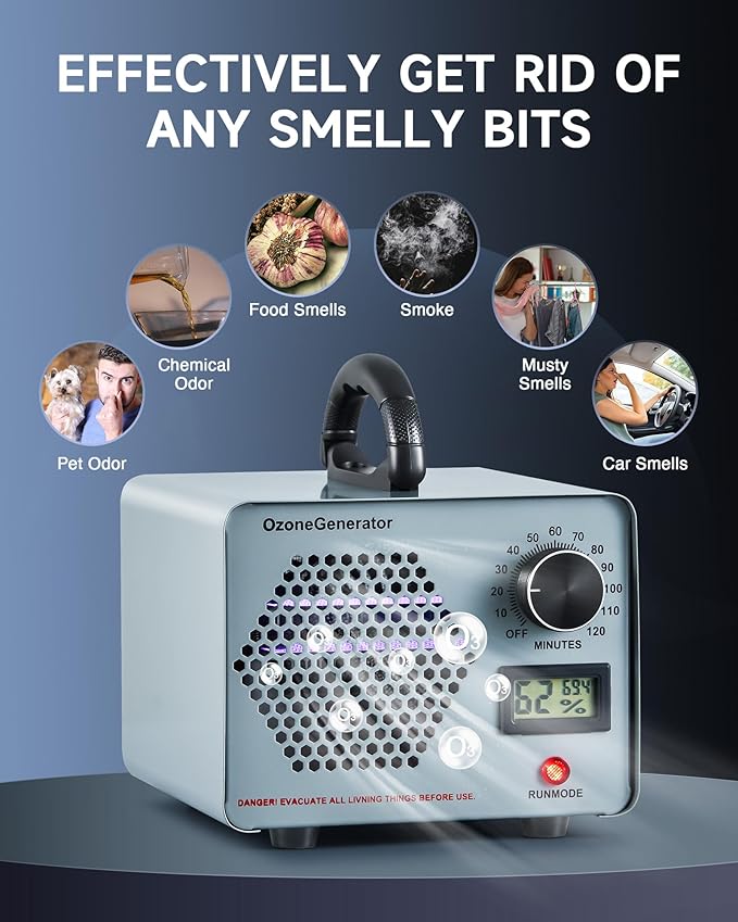 CREWORKS Ozone Odor Machine, Commercial Ozone Generator Air Purifier with Timer Display, 30000 mg/h Ozone Machine for Car Home Smoke Pet Odor Removal, High Capacity for 3200 sq ft Room, Silver
