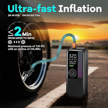 Tire Inflator Portable Air Compressor, 150 PSI Cordless Air Pump, Dual Power 6000mAh, 12V DC Car Plug, Fast Inflation 24L/Min, Auto Shut-Off, LED Light, 4 Preset Modes for Car, Bike, Motorcycle, Balls