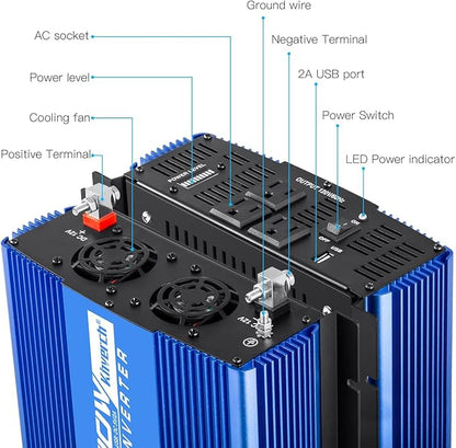 2000W Continuous/ 4000W Peak Power Inverter 3 AC Outlets 12V to 110V Car Converter with USB Port
