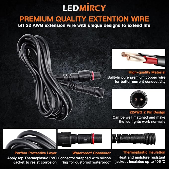 LED Rock Lights Extension Cable Wire Cord 2Pin Waterproof 4PCS 5ft 22AWG with Male to Female Connectors 11mm Nut Size for Wheel Lights Spot Flood Light Driving Fog Light for Truck