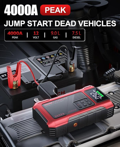 4000A Car Jump Starter with Air Compressor, Portable Charger Jumpstart 12V Vehicle, Power Pack with 150PSI Tire Inflator for 9.0L Gas/7.5L Diesel Engines Jump Box with Light and Jumper Cable