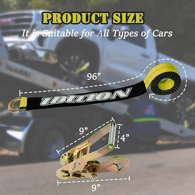 4 Pack Car Tie Down Straps for Trailers - 2" x 96" - 3,300 lbs Safe Working Load -Adjustable Wheel Straps for Hauling Cars.Yellow