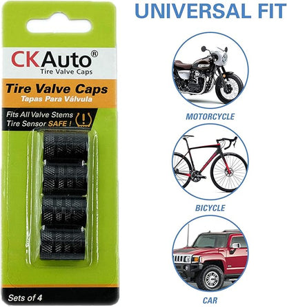 CKAuto Tire Valve Stem Caps, Black, 4 pcs/Pack, Anodized Aluminum Tire Valve Cap Set, Corrosion Resistant, Universal Stem Covers for Cars Trucks Motorcycles SUVs and Bikes