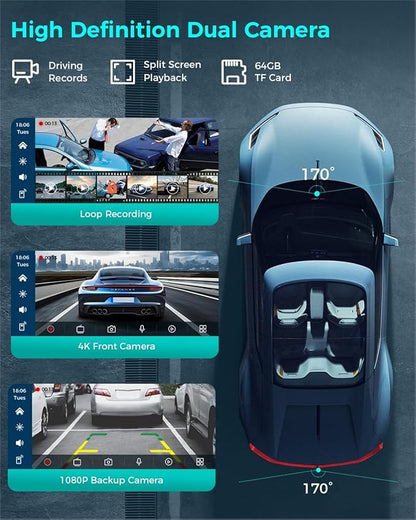 Wireless Carplay with 4K Dash Cam, 9" Portable Carplay Screen for Car, Apple Carplay & Android Auto Car Satellite Radio with 1080P Backup Camera, GPS Navigation/Mirror Link/Voice Control/Bluetooth