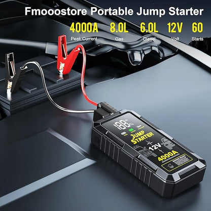 Car Battery Jump Starter with 4000A Peak Smart Clip LCD Display and 3 Modes Flashlight for Up to All Gas and 10.0L Diesel Engine 12V Auto Battery Booster Jumper Cables Portable Lithium Jump Box