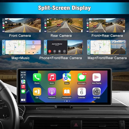 10.26" Portable Apple Carplay Screen for Car, Carplay & Android Auto Car Stereo, Touchscreen GPS Navigation 4K Dash Cam/1080P Backup Camera/Mirror Link/Bluetooth/Voice Control