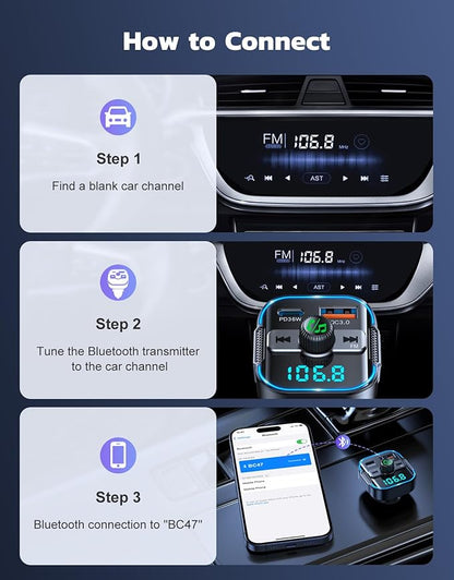 Bluetooth 5.3 Car Adapter【PD 36W+QC3.0 18W】, 2-in-1 FM Bluetooth Transmitter 【Dual Stronger Mics】& Fast Car Charger, Wireless FM Radio Adapter Hands-Free Calling, Siri Assistant, Black