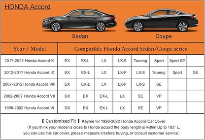 kayme 7 Layers Car Cover Custom Fit for Honda Accord Sedan/Coupe (2001-2025) Waterproof All Weather for Automobiles, Outdoor Full Cover Rain Sun UV Protection with Zipper Cotton/Black