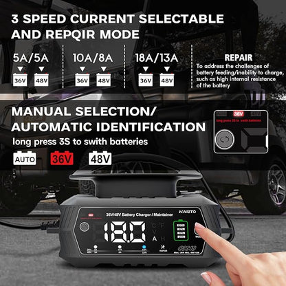 Golf cart Battery Charger, 36V 18A and 48V 13A Trickle Battery Charger,36 Volt Golf Cart Charger,for Club Car,EZGO & Yamaha,Lithium,LiFePO4,Lead-Acid AGM/Gel/SLA..BatteryCharger,Crowfoot Plug