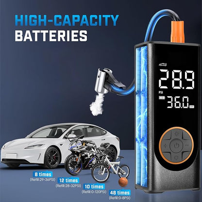 Tire Inflator Portable Air Compressor, 150PSI Cordless Air Pump for Car Tires, 4X Faster 12V DC Tire Pump with Tire Pressure Gauge, LED Light for Cars, Motorcycles, Bikes, Balls (Black)