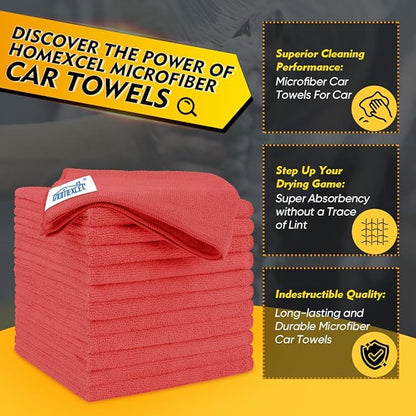 HOMEXCEL Red Microfiber Cleaning Cloth 50 Pack, 12.5 x 12.5 inch Microfiber Towels for Cars, Ultra Absorbent Car Washing Cloth, Lint Free Streak Free Cleaning Rags for Car, Kitchen, and Window