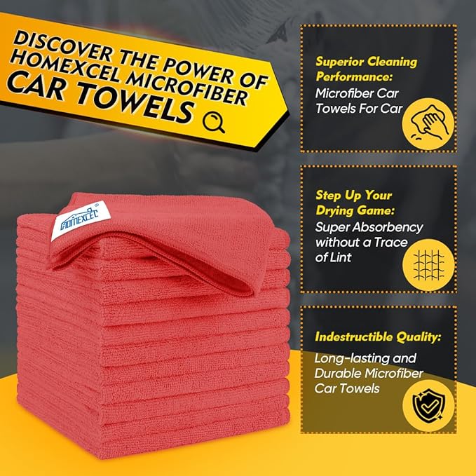 HOMEXCEL Red Microfiber Cleaning Cloth 12 Pack, 12.5 x 12.5 inch Microfiber Towels for Cars, Ultra Absorbent Car Washing Cloth, Lint Free Streak Free Cleaning Rags for Car, Kitchen, and Window