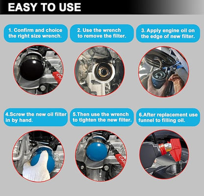 7pcs Oil Filter Wrench Set with Small Oil Funnel for Oil Change, Adjustable Oil Filter Removal Tool 2-1/16"-5-1/4"