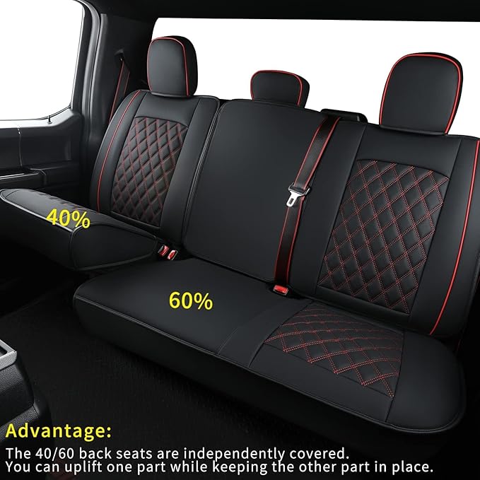 LUCKYMAN CLUB F150 Faux Leather Seat Covers Fit for 2015-2025 F150 and 2017-2025 F250 F350 F450 Pickup Trucks(Full Set, Black&Red)