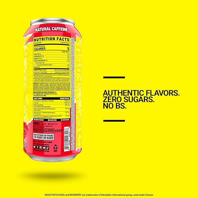 GHOST Energy Drink - 12-Pack, Sour Patch Kids Redberry, 16oz - Energy & Focus & No Artificial Colors - 200mg of Natural Caffeine, L-Carnitine & Taurine - Gluten-Free & Vegan