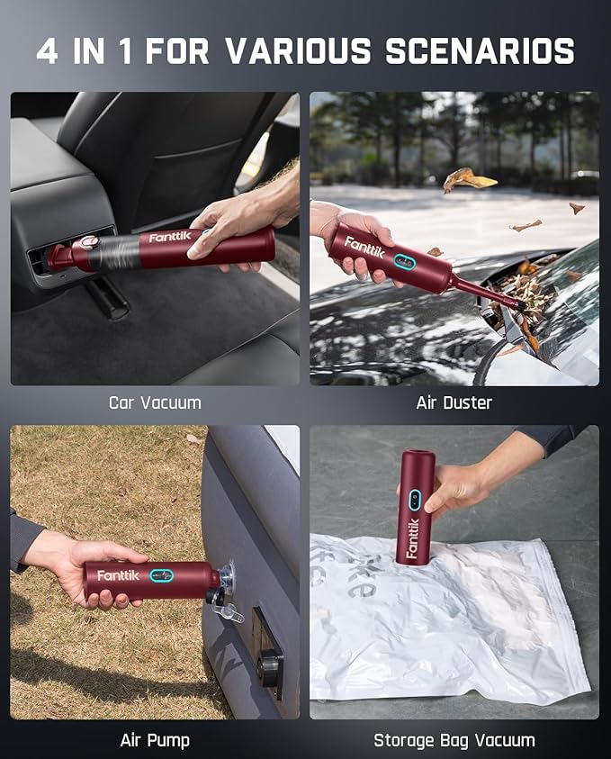 Fanttik Slim V8 APEX Car Vacuum, 4-in-1 Portable Mini Cordless Vacuum with 19000pa Suction Power, Type-C Charge, 2 Suction Modes, Handheld Vacuum for Car, Office Desk, Keyboards (Red)