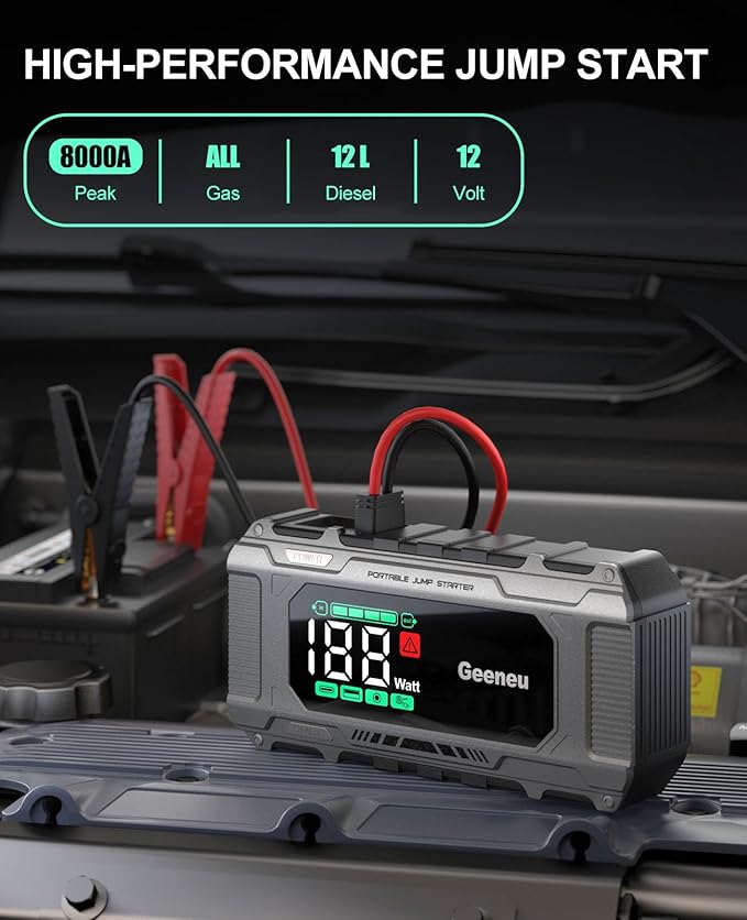 Car Jump Starter Battery Jumper Pack 8000A 65W PD Fast Charging, Portable 12V Car Battery Charger Booster Jump Box (All Gas/12.0L Diesel), Power Vehicle Jumper with Large Screen,150W DC, Lights