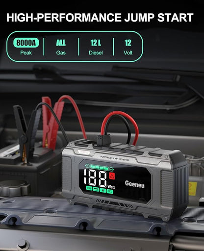 Car Jump Starter Battery Jumper Pack 8000A 65W PD Fast Charging, Portable 12V Car Battery Charger Booster Jump Box (All Gas/12.0L Diesel), Power Vehicle Jumper with Large Screen,150W DC, Lights