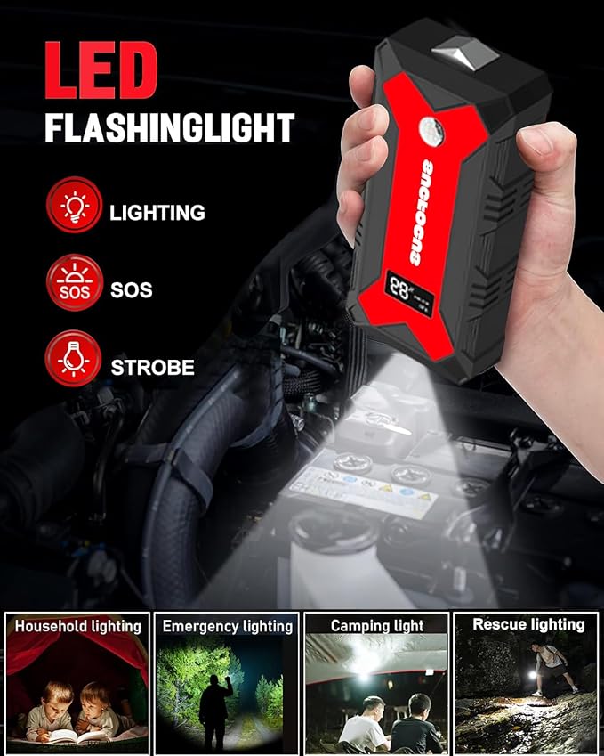 Car Battery Jump Starter, 2500A Battery Jumper Starter Portable (for 8.0L Gas or 7L Diesel Engine), Jump Box, Jump Start Battery Pack with Jumper Cables, LED Light, USB QC3.0 (Red)