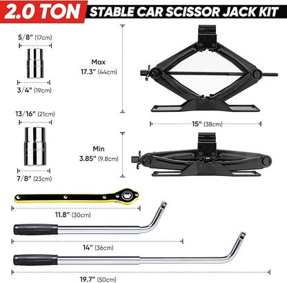 SHALL Scissor Jack Kit - 2 Ton (4409lbs) - Extended & Widened Base, 360° Rotatable Rubber Pad - Tire Change Kit with Ratchet & Lug Wrench - Universal Car Jack Kit for Emergency Roadside Needs
