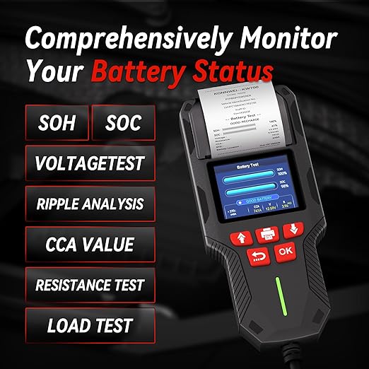KONNWEI Car Battery Tester with Printer, Automotive 12V 24V Battery Load Tester Cranking and Charging Test 10-2000CCA Battery Analyzer Alternator Tester for Car Truck Motorcycle (Paper Included)