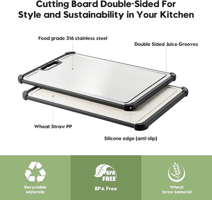 Premium 316 Stainless Steel Cutting Board for Kitchen Extra Large 16.9" x 11.8" Best Non-Toxic Chopping Board for Meat Food-Grade Metal & Eco-Friendly Wheat Straw Dual-Sided Healthy Kitchen Essential