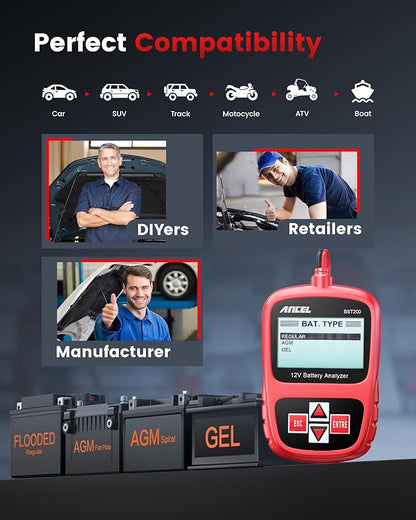 ANCEL BST200 Car Battery Tester 12V Automotive, 100-1100 CCA Battery Load Tester Tool, Auto Battery Analyzer Digital Tester for Car Truck Motorcycle SUV Boat and More