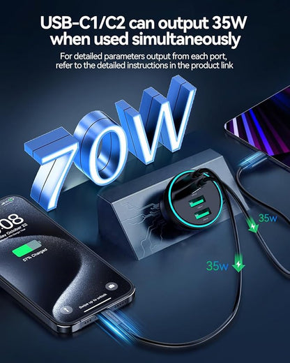 70W USB C Car Charger, Rocoren 4-Port PD Super Fast Charging Type C Car Charger for Multiple Devices, Cigarette Lighter Adapter, USBC Phone Adapter for 17 iPhone 16/16e/15 Pro Max, Samsung S25, Piexl
