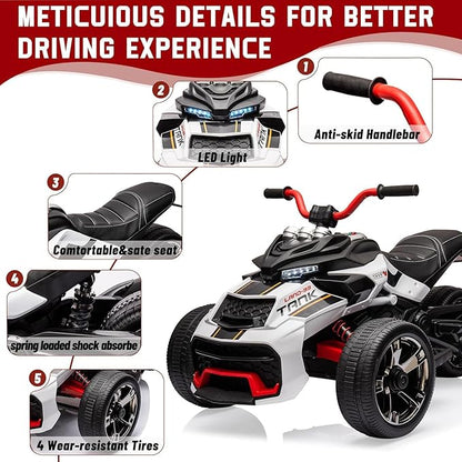 12V Kids Electric Ride-On Car with Parent Remote Control, 7MPH, 2 Speeds, 2x55W Motor, LED Lights, Music, USB & EVA Tires, 3 Wheel Battery Powered Toy Vehicle for Toddlers