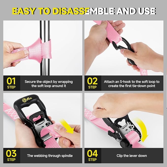4Pcs Heavy Duty Ratchet Straps-1.6”x16ft Ratchet Strap Tie Down Kit with Padded Handles+Coated S Hooks+Soft Loop Tie-Downs-6000 Pound Break Strength（Pink）