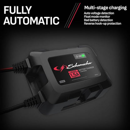 Schumacher Electric On-Board Battery Charger and Maintainer, 3-in-1, SC1587, 1.5 Amps, 6 Volt, 12 Volt, Fully Automatic, Mounts Under Hood, for Car, Truck, and Large Vehicle Batteries