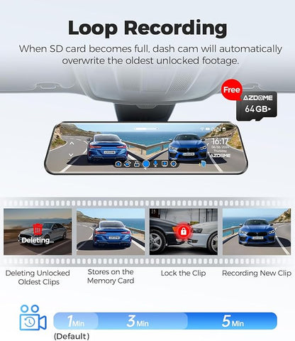 AZDOME PG17 12" 4K Mirror Dash Cam Front and Rear, Wi-Fi 6 Rear View Mirror Camera with 64GB Card, Voice Control Dash Camera for Car, Rearview Mirror Camera with GPS Night Vision Parking Assistance