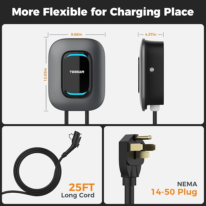EV Charger Level 2, TESSAN 40A/240V Electric Vehicle Fast Charging Station for Home, Electric Car Charger Equipment 25ft Cable with Holder for Indoor, Outdoor, NEMA 14-50 Plug