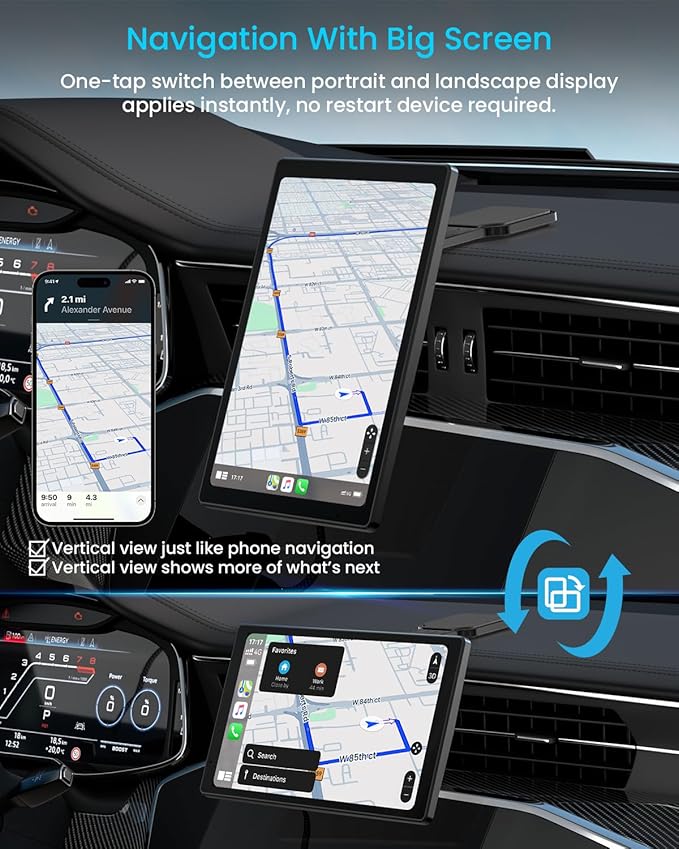8” Wireless Apple CarPlay Screen for Car with Android Auto & 1080P Backup Camera, Rotatable Touchscreen Car Stereo, Vertical & Horizontal Mode, Bluetooth, GPS Navigation, Mirror Link