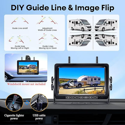 Wireless RV Backup Camera 7-inch for Trailer: Easy Setup Solar RV Rear View Camera with Recording - 4 Channels Strong Magnetic HD 1080P Long-Battery Life for Camper, Truck, Fifth Wheel