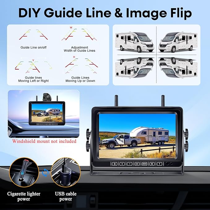 Dual RV Backup Camera Wireless for Trailer: Easy Setup Solar RV Rear View Camera with 7-inch Recording Monitor - 4 Channels Strong Magnetic HD 1080P Long-Battery Life for Camper, Truck, Fifth Wheel