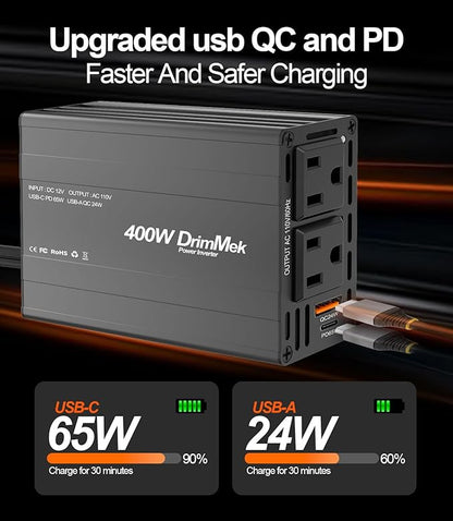 400W Car Power Inverter - Dual DC 12V to 110V AC Car Plug Adapter Outlets, Fast Charging USB C 65W & 24W Port, Power Inverters for Vehicles, Laptop Car Charger, Road Trips